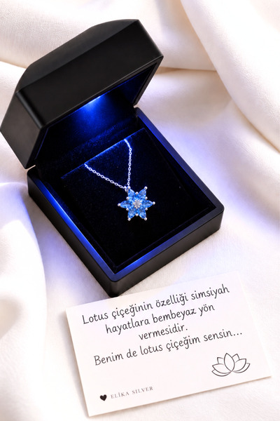 Elika Silver 925 Ayar Gümüş Işıklı Kutuda Aqua Lotus Çiçeği Kolye