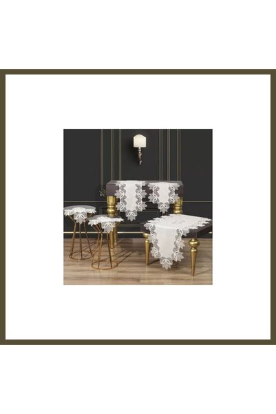 northcity n Kayla Model Cream-Gold 5-Piece Linen Lace Table Runner Set for a ...