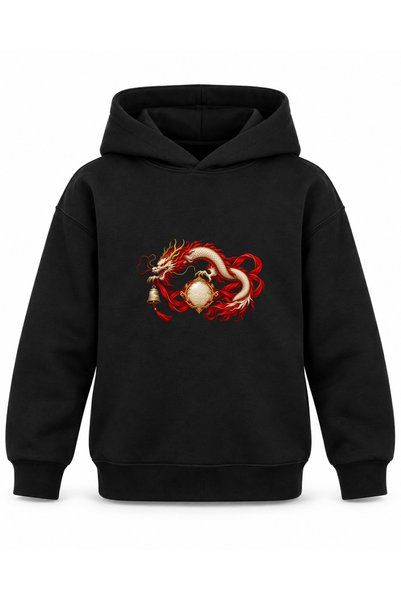 ROOSTER GOLD Black Kids' Hooded Sweatshirt with Dragon and Temple Bell Print