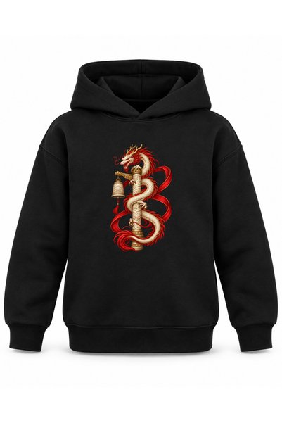 ROOSTER GOLD Black Kids' Hooded Sweatshirt with Dragon and Temple Bell Print