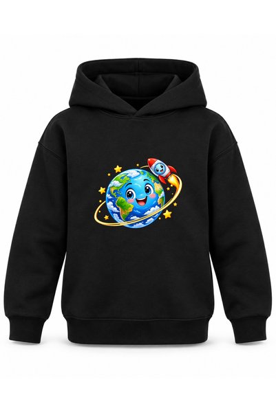 ROOSTER GOLD Black Kids' Hooded Sweatshirt with Planet Print