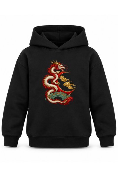ROOSTER GOLD Black Kids' Hooded Sweatshirt with Dragon and Jade Bridge Print