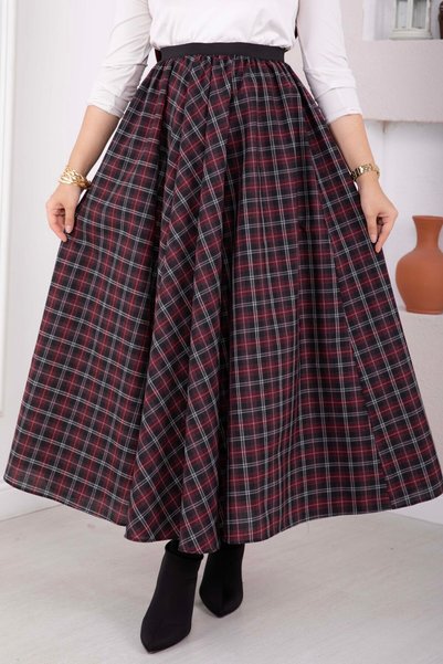 EBRUTESETTÜR Plaid Flared Skirt, Burgundy and Black