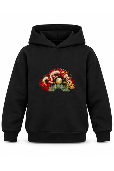 ROOSTER GOLD Black Kids' Hooded Sweatshirt with Dragon and Jade Bridge Print