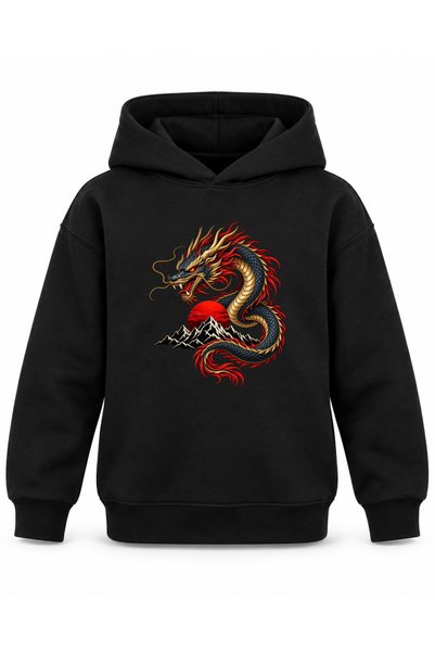 ROOSTER GOLD Black Kids' Hooded Sweatshirt with Dragon Print