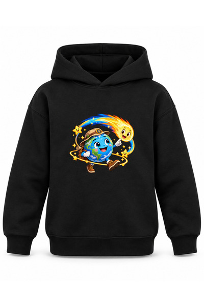 ROOSTER GOLD Black Kids' Hooded Sweatshirt with Planet Print