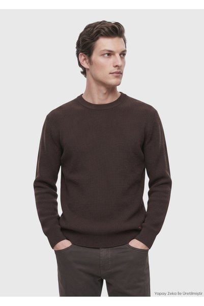 Ramsey Brown Crew Neck Corded Fabric Wool Blend Knit Sweater