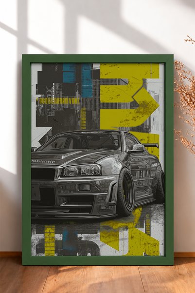 HOMEPACK Yellow Typographic Japanese Sports Car Framed Art Print / Car Poster...