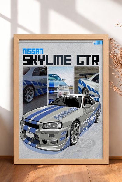HOMEPACK Silver Japanese Sports Car with Blue Stripes, Framed Art Print, Car ...