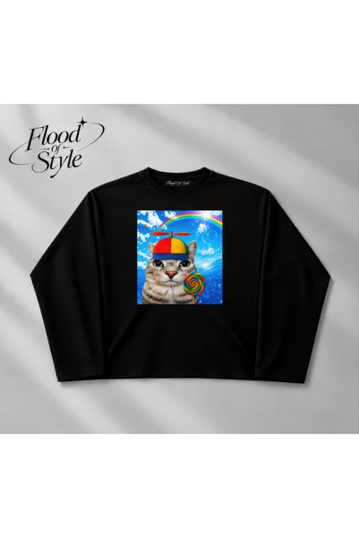 Flood Of Style Long-Sleeve Funny Happy Cat Dreamcore Meme Brainrot Stupid Kit...