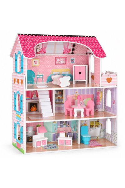 varioshop ®   Casă de păpuși din lemn, 3 etaje, 5 camere, 9 piese de mobilier...