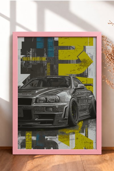 HOMEPACK Yellow Typographic Japanese Sports Car Framed Art Print / Car Poster...