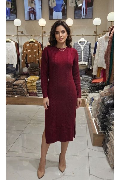 ALCHON Round-Neck, Long-Sleeved, Braided-Side, Side Slit, Soft-Textured Midi ...