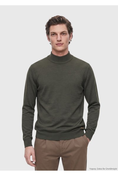 Ramsey Khaki Half Turtleneck Plain Knit Wool Blended Sweater Sweater