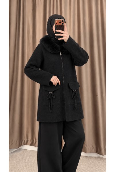 Hepsi Moda كارديجان أنجورا بياقة من الفرو وجيوب مزدوجة - 8322 - أسود (مقاس واحد)