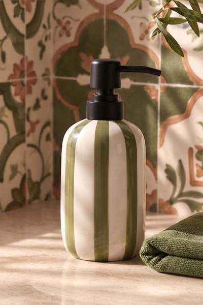 NESS HOME Dozator de săpun lichid ceramic cu dungi pentru blat, baie și bucăt...