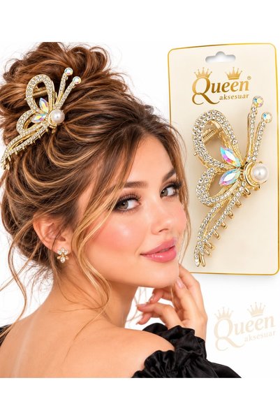 QUEEN AKSESUAR Gold Butterfly Buckle with Pearls and Crystal Stones—Sparkling...