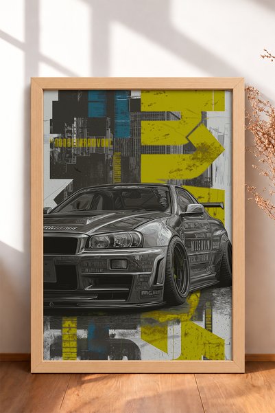 HOMEPACK Tablou înrămat cu mașină sport japoneză, tipografie galbenă, poster ...