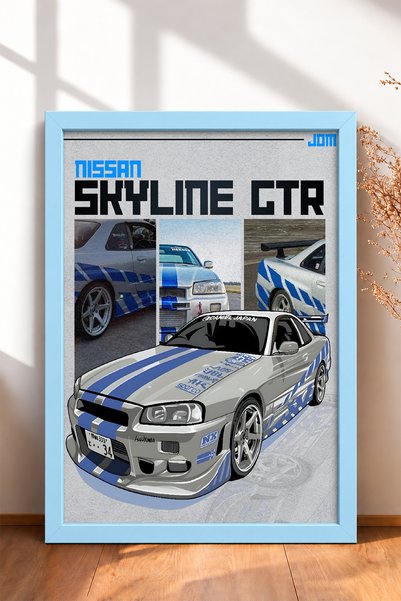 HOMEPACK Silver Japanese Sports Car with Blue Stripes, Framed Art Print, Car ...