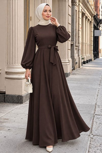 N.S NEVA STYLE Kemerli Koyu Brown Modest Dress 23101KKH