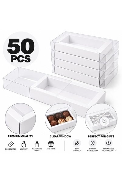 VARENTIS Set de 50 de cutii de hârtie albe 16x9x3cm cu fereastră transparentă...