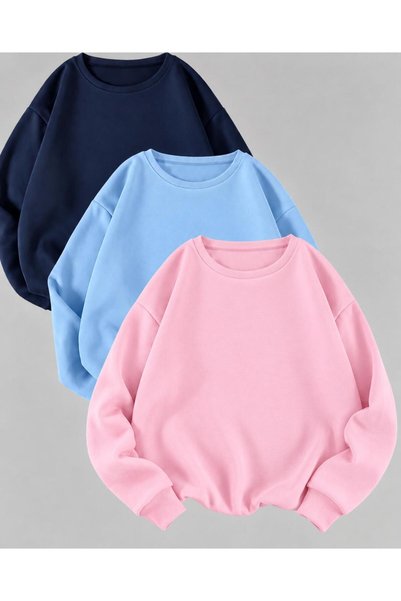 trendgar Pembe Mavi Lacivert 3Lü Bisiklet Yakalı Düz Sweatshirt