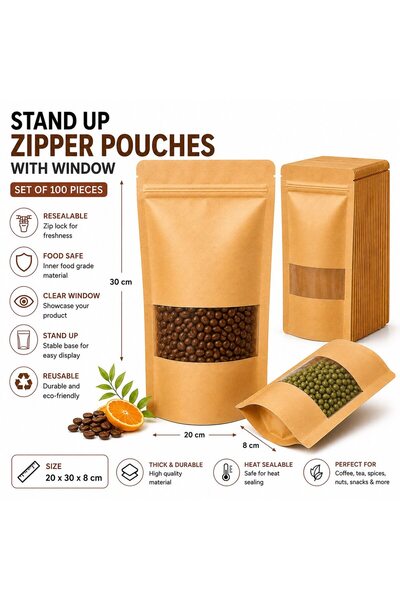 VARENTIS Set 100 de pungi stand-up Kraft cu fereastră și fermoar, 20 x 30 cm,...