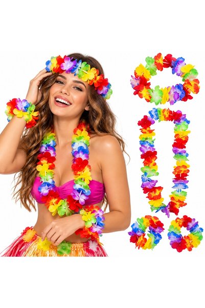 VARENTIS Set de accesorii de costum hawaiian cu flori colorate, 4 piese, coli...