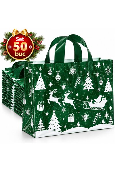 VARENTIS Set de 50 de pungi cadou de Crăciun cu mânere, model sanie cu reni, ...