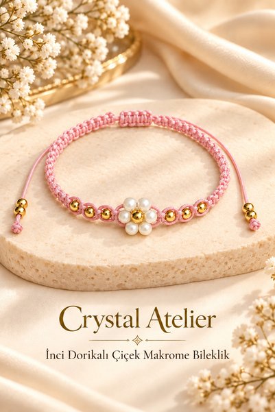 Crystal Atelier Women's Pink Pearl Flower-Patterned Gold-Toned Macramé Bracel...