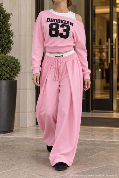 1434 Polo State Kadın Brooklyn 83 Baskılı Düşük Omuz Crop Sweatshirt ve Bol P...