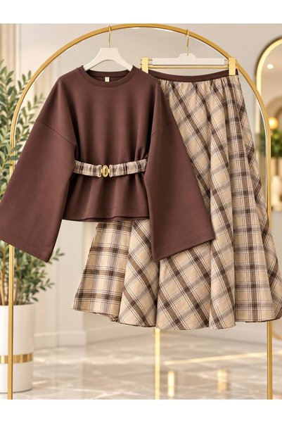 VOLT CLOTHİNG Women's Belted Batwing Sleeve Plaid Skirt Suit