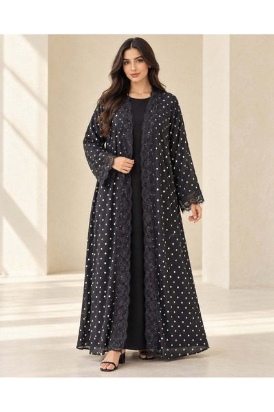 KAVALEE Luna Polka Dot Floral Lace Double-Layered Open Abaya – Ivory & Black