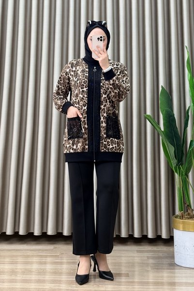 Hürrem ELSA JACKET Soft Belis Leopard Print Fabric Women's Brown Leopard Prin...