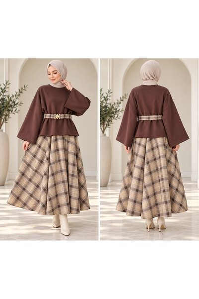 modasindoma Women's Belted Batwing Sleeve Plaid Skirt Set, Brown