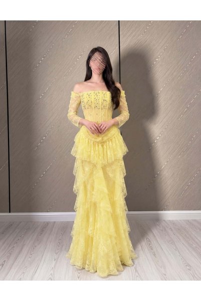 BAKLAFASHO Lace Layered Long Sleeve Off Shoulder Evening Dress - Mint Green