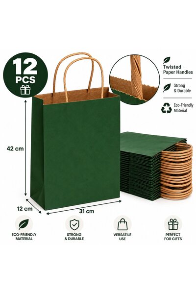 VARENTIS Set de 12 pungi de hârtie verde închis 31x42x12 cm cu mânere răsucit...