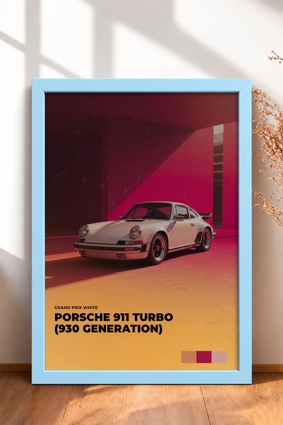 HOMEPACK White German Sports Car on a Pink-and-Orange Background—Framed Art P...