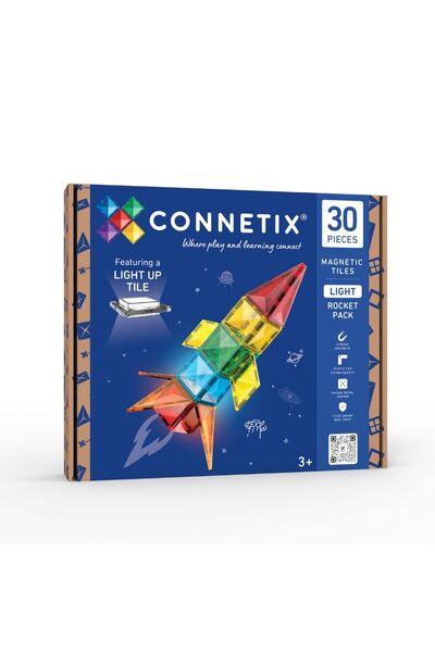 Connetix TILES, Set magnetic, Pachet rachetă luminoasă, 30 de piese, 3 ani+