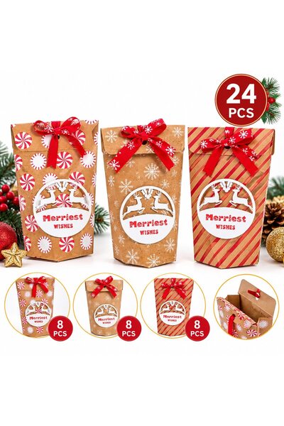VARENTIS Set de 24 de pungi cadou de Crăciun din carton Kraft, 3 modele difer...