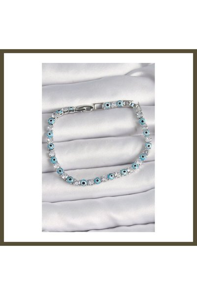 northcity n Silver-Toned Rice-Patterned Waterway Zircon and Evil Eye Beaded W...