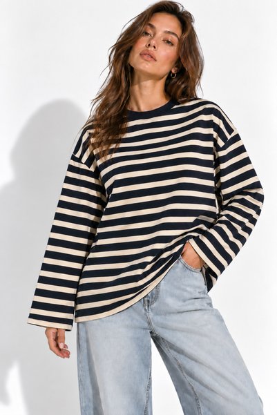 WILD BEE Women's Navy and Ecru Striped Cotton Crew Neck Oversized Blouse