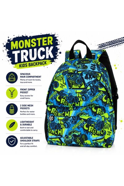 VARENTIS Rucsac pentru copii Monster Truck, albastru cu verde neon, compartim...