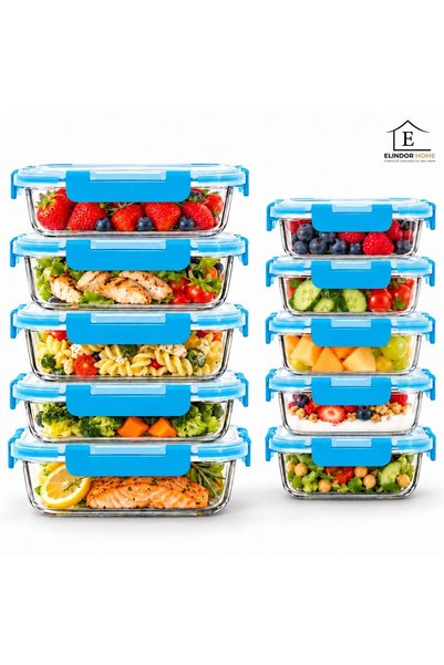 Elindor GF-10P Set of 10 Borosilicate Glass Food Containers with Airtight Blu...