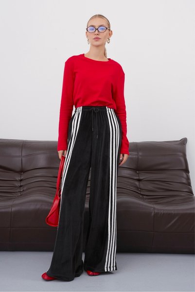 macharel jeans Women's Velvet Black and White Striped Detail Palazzo Pants wi...