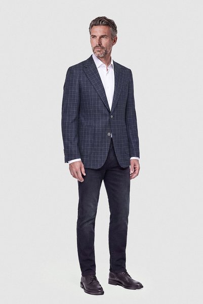 Bisse Navy Blue Plaid Double-Breasted Blazer