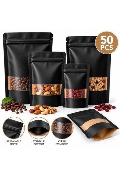 VARENTIS Set 50 de pungi stand-up negre 20x30x4 cm cu fereastră transparentă ...