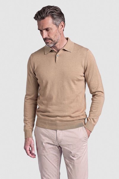 Bisse Camel Solid Color Polo Collar Long-Sleeve Knit Sweater