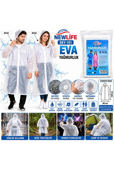 Doori EVA Şeffaf Yağmurluk Kapüşonlu Unisex – Su Geçirmez, Çıtçıtlı, Lastikli Kollu, Tek Beden, Kadın Erkek Kamp ve Seyahat Yağmurluğu