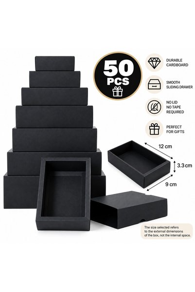 VARENTIS Set de 50 de cutii de hârtie negre cu sertar glisant 12x9x3.3 cm, cu...